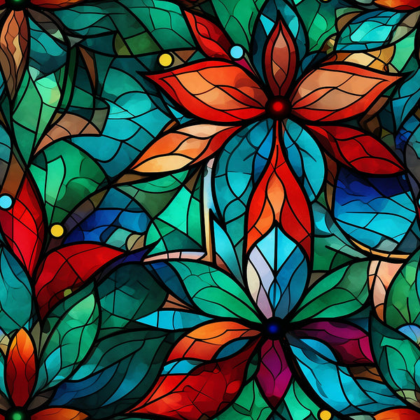 stained glass, christmas pattern,, fabric panel, floral motifs, poinsettia flowers, red petals, green leaves, blue accents, orange hues, turquoise, purple tones, geometric sections, lead lines, mosaic style, holiday fabric, festive colors, botanical design, decorative panel, vibrant colors