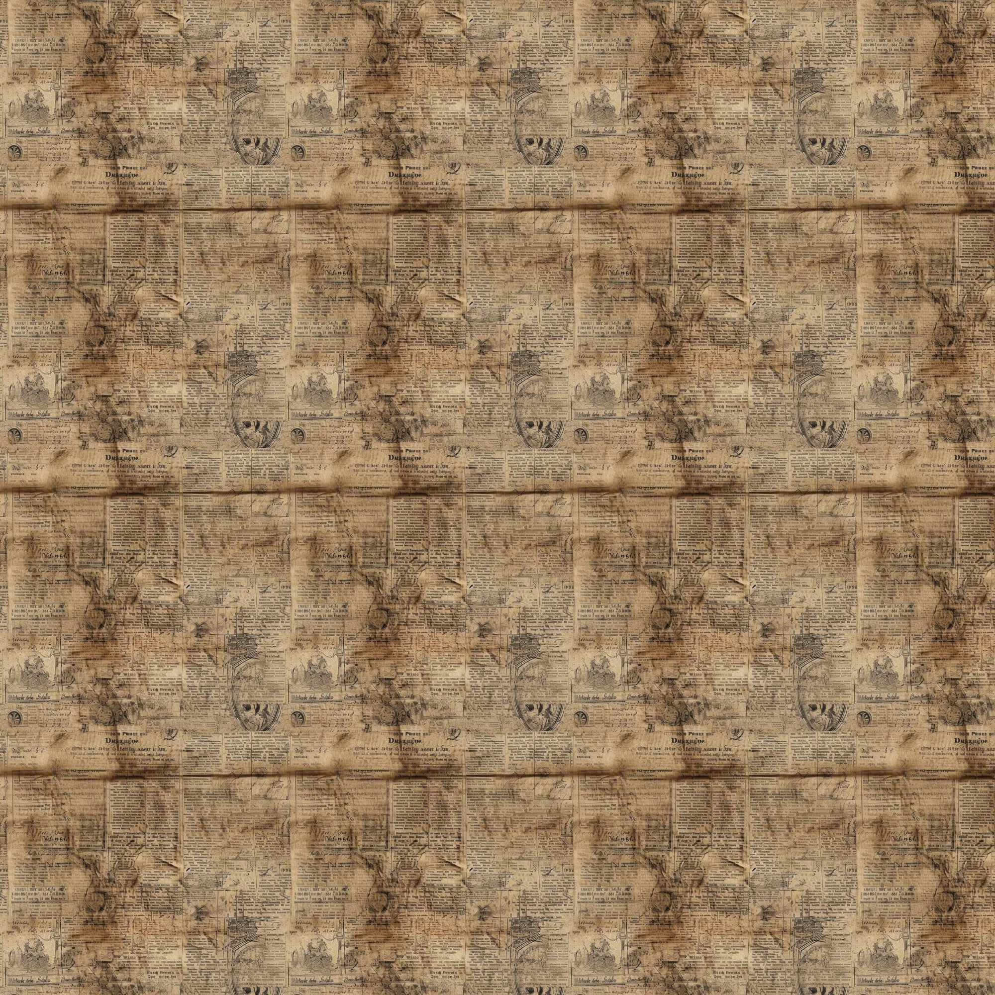 beige, tan, sepia, brown, aged newspaper, vintage newsprint, text columns, antique pattern, weathered appearance, distressed look,, fabric panel, nostalgic mood, retro style, muted tones, faded print, old-fashioned, worn texture, historical feel, patchwork suitable