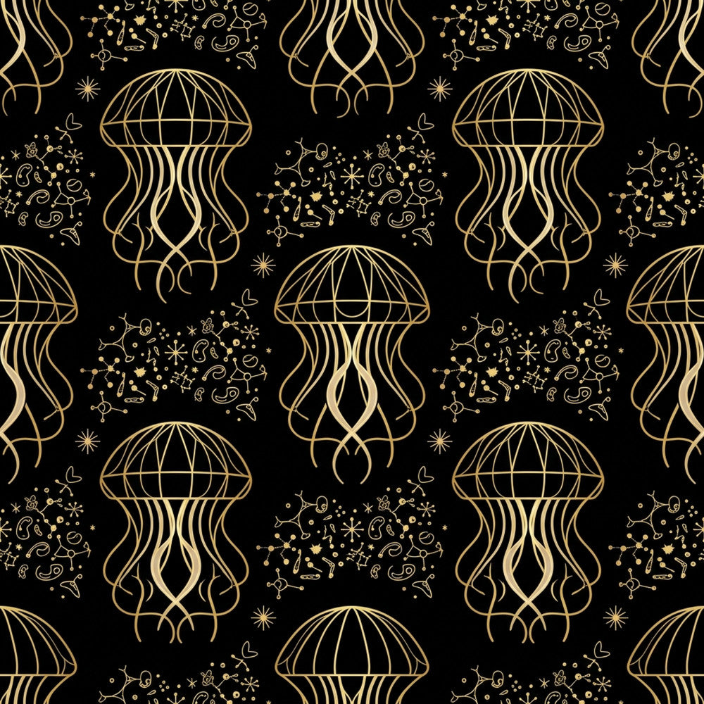 gold and black, metallic gold, deep black, jellyfish, celestial, stars, zodiac, constellation, cosmic, mystical, elegant, modern, whimsical, ocean theme, sea creatures, magical, night sky, bohemian, luxurious, sophisticated, starry, astronomical, dreamy, enchanted, nature inspired, aquatic, contemporary, art deco, line art, minimalist