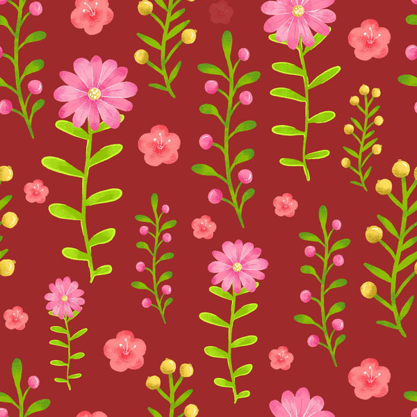 handdrawn, pink flowers, floral pattern, burgundy background, green leaves, botanical design,, fabric panel, watercolor style, spring flowers, delicate blooms, nature motif, coral pink, deep red, lime green, scattered flowers, feminine design, crafting fabric, sewing material, whimsical florals