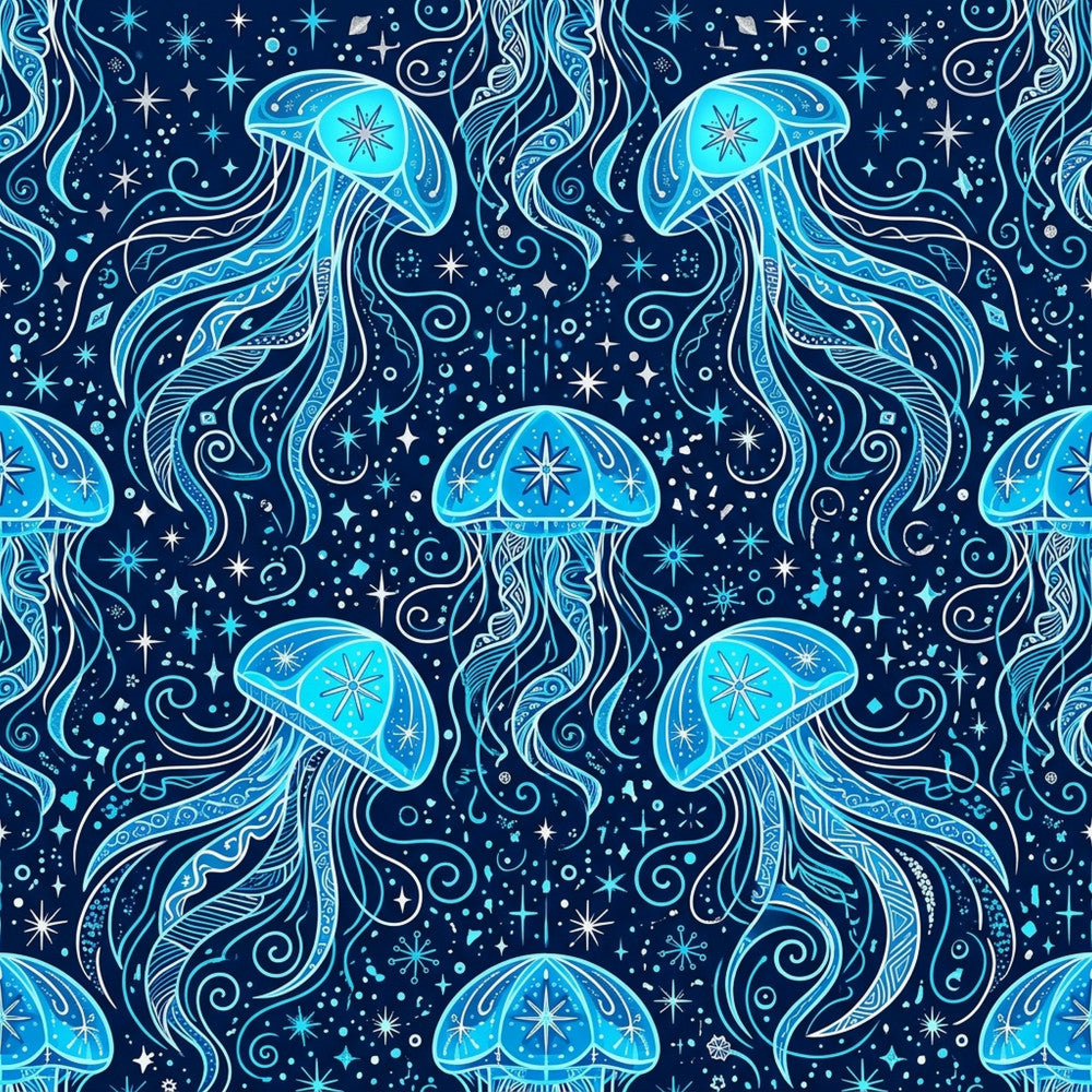 navy blue, cyan blue, turquoise, light blue, white, celestial, stars, jellyfish, ocean, nautical, whimsical, magical, fantasy, cosmic, bioluminescent, intricate, ornate, swirling, decorative, bohemian, modern, dreamy, mystical, sea creatures, flowing, elegant, kids room, nursery, adventure theme, underwater theme
