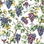 vineyard pattern, grapes, wine glasses, grapevines, leaves, purple grapes, blue grapes, green leaves, yellow leaves, botanical design, watercolor style, repeating pattern,, fabric panel, wine theme, autumn colors, detailed illustration, realistic grapes, vine tendrils, harvest motif