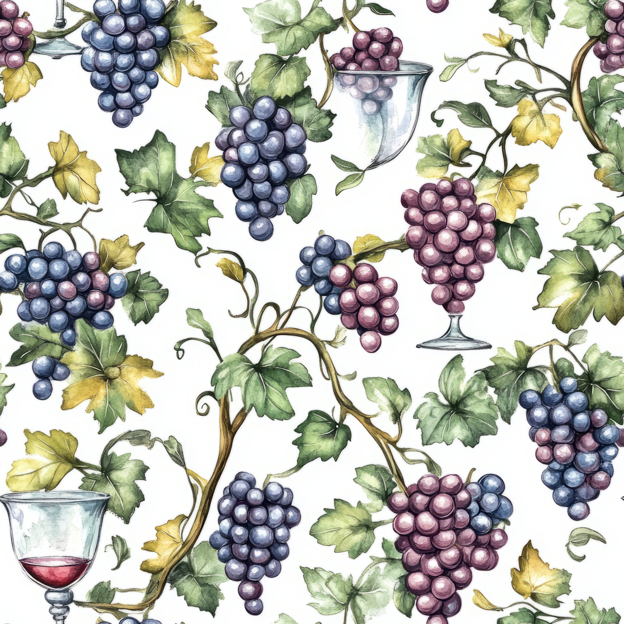 vineyard pattern, grapes, wine glasses, grapevines, leaves, purple grapes, blue grapes, green leaves, yellow leaves, botanical design, watercolor style, repeating pattern,, fabric panel, wine theme, autumn colors, detailed illustration, realistic grapes, vine tendrils, harvest motif