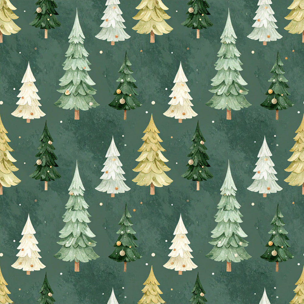 forest green, sage green, cream white, gold yellow, evergreen, christmas trees, holiday, winter, nature, woodland, festive, whimsical, traditional, rustic, ornaments, baubles, tree motifs, snow dots, scattered dots, cozy, seasonal, kids room, nursery, playroom, vintage holiday, layered trees, forest scene, decorative trees