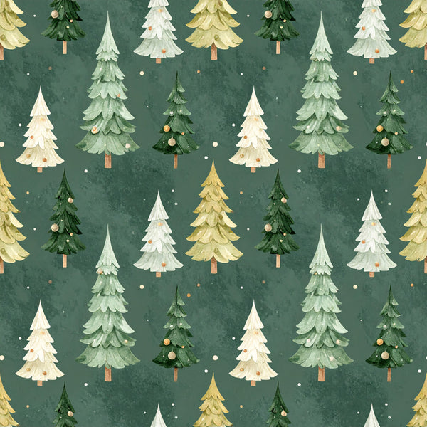 forest green, sage green, cream white, gold yellow, evergreen, christmas trees, holiday, winter, nature, woodland, festive, whimsical, traditional, rustic, ornaments, baubles, tree motifs, snow dots, scattered dots, cozy, seasonal, kids room, nursery, playroom, vintage holiday, layered trees, forest scene, decorative trees