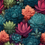 succulents,, fabric panel, teal, coral, pink, purple, green, botanical pattern, desert plants, seamless design, rosette flowers, layered petals, vibrant colors, nature motif, floral arrangement, modern botanical, crafting fabric, sewing material, plant illustration