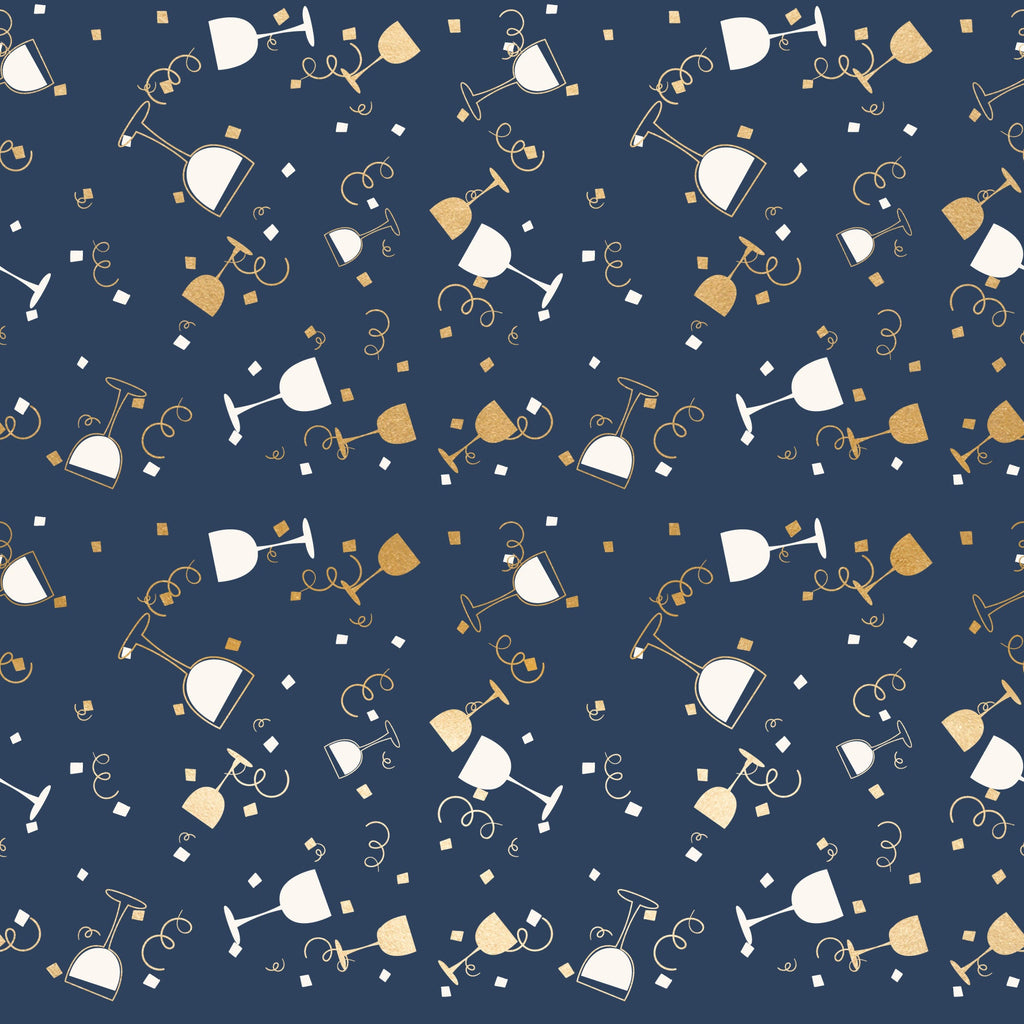 navy blue, gold, champagne glasses, wine glasses, celebration, party theme, confetti squares, curly ribbons, streamers, festive pattern,, fabric panel, elegant design, new year's eve, toast celebration, geometric confetti, sophisticated palette, party motifs, celebratory elements, repeating pattern