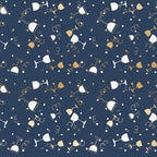 navy blue, gold, champagne glasses, wine glasses, celebration, party theme, confetti squares, curly ribbons, streamers, festive pattern,, fabric panel, elegant design, new year's eve, toast celebration, geometric confetti, sophisticated palette, party motifs, celebratory elements, repeating pattern