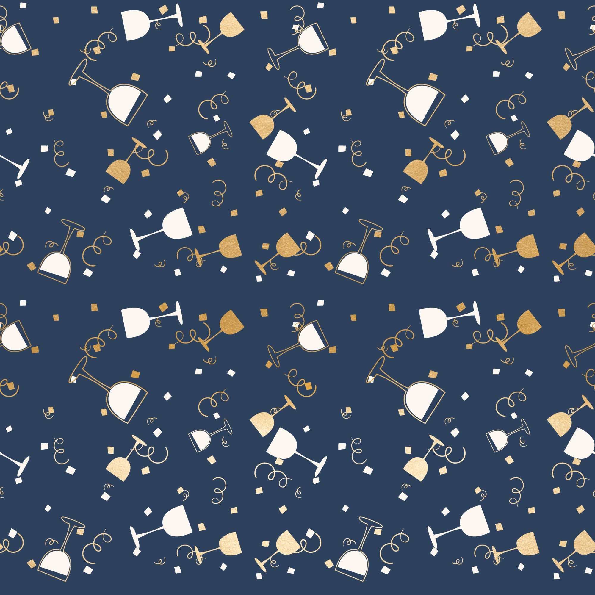 navy blue, gold, champagne glasses, wine glasses, celebration, party theme, confetti squares, curly ribbons, streamers, festive pattern,, fabric panel, elegant design, new year's eve, toast celebration, geometric confetti, sophisticated palette, party motifs, celebratory elements, repeating pattern