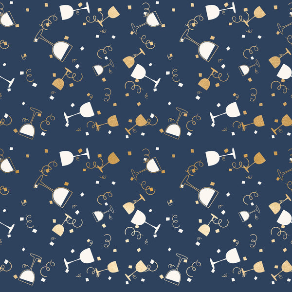 navy blue, gold, champagne glasses, wine glasses, celebration, party theme, confetti squares, curly ribbons, streamers, festive pattern,, fabric panel, elegant design, new year's eve, toast celebration, geometric confetti, sophisticated palette, party motifs, celebratory elements, repeating pattern