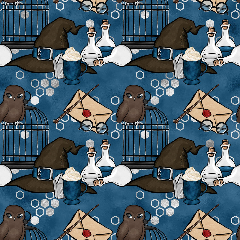 navy blue, wizard hat, owl, potion bottles, magic wand, envelope, round glasses, hexagon pattern,, fabric panel, magical theme, brown owl, white potions, red wax seal, brewing supplies, mystical elements, repeating pattern, fantasy motifs, spell casting, wizardry school