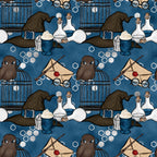 navy blue, wizard hat, owl, potion bottles, magic wand, envelope, round glasses, hexagon pattern,, fabric panel, magical theme, brown owl, white potions, red wax seal, brewing supplies, mystical elements, repeating pattern, fantasy motifs, spell casting, wizardry school