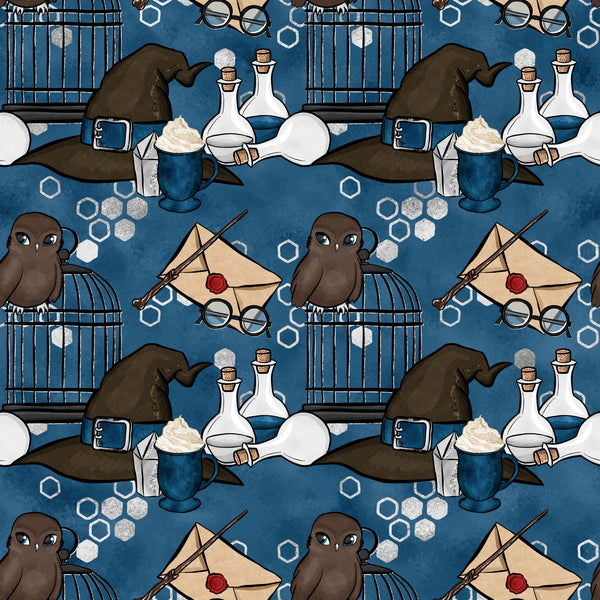 navy blue, wizard hat, owl, potion bottles, magic wand, envelope, round glasses, hexagon pattern,, fabric panel, magical theme, brown owl, white potions, red wax seal, brewing supplies, mystical elements, repeating pattern, fantasy motifs, spell casting, wizardry school