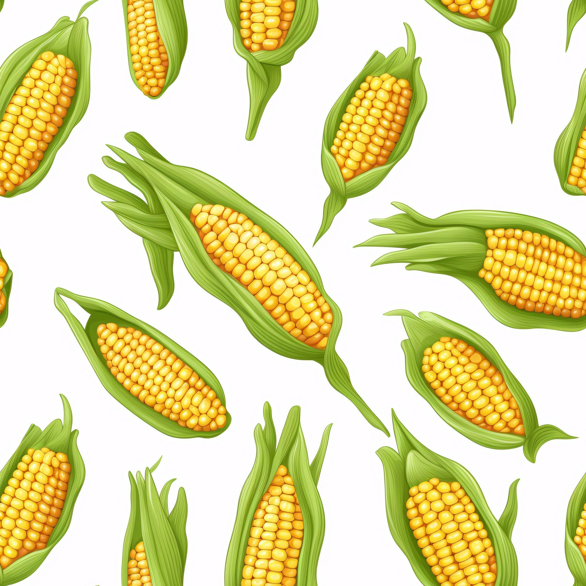 sweet corn, yellow kernels, green husks, vegetable pattern, scattered design, realistic illustration, harvest theme, farming motif, food fabric,, fabric panel, botanical print, agricultural design, corn cobs, garden vegetables, summer produce, white background, repeating pattern, kitchen theme, cooking fabric