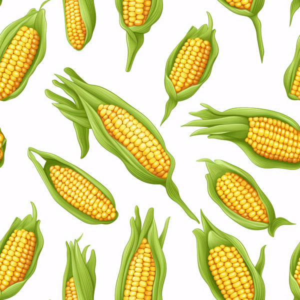 sweet corn, yellow kernels, green husks, vegetable pattern, scattered design, realistic illustration, harvest theme, farming motif, food fabric,, fabric panel, botanical print, agricultural design, corn cobs, garden vegetables, summer produce, white background, repeating pattern, kitchen theme, cooking fabric