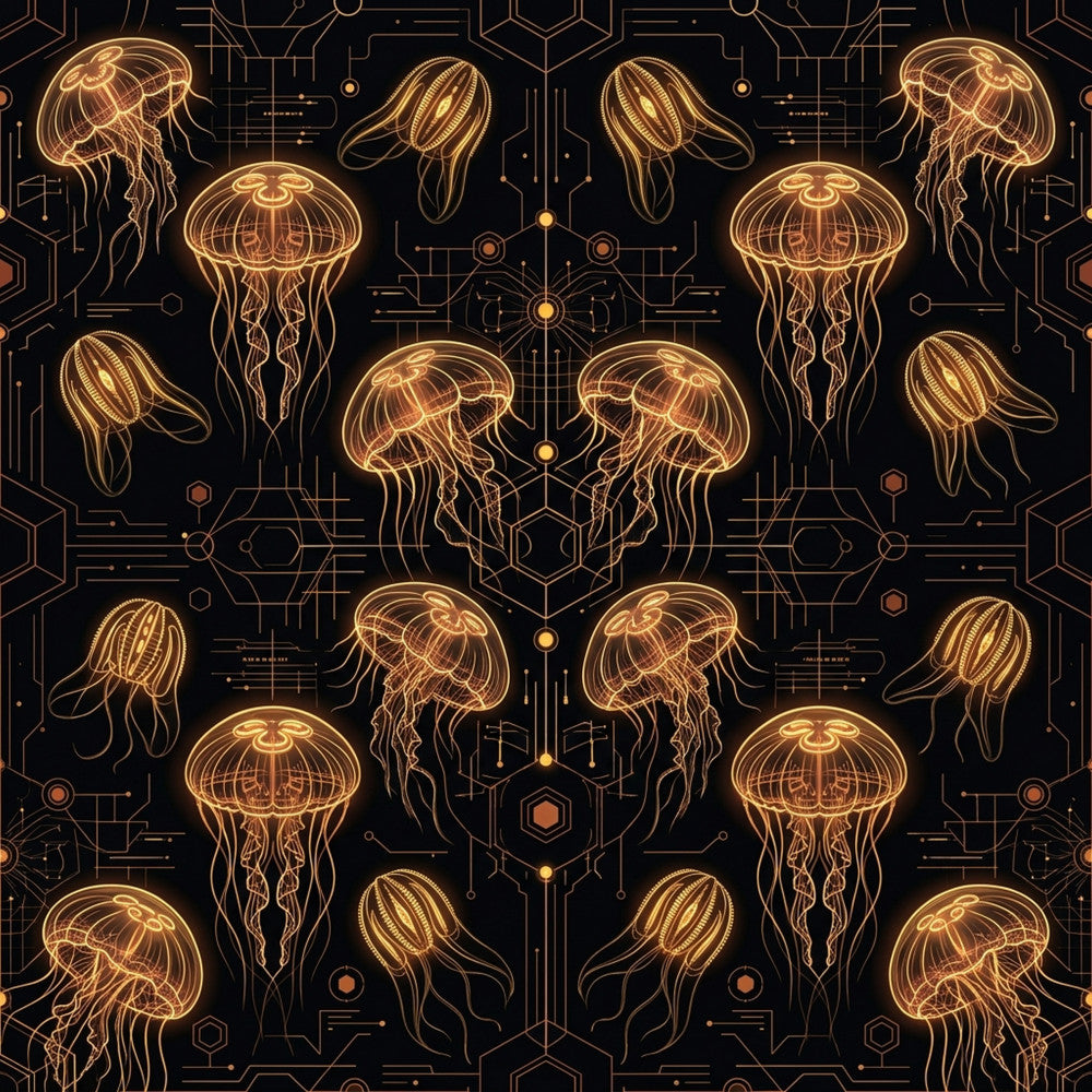 gold, black, metallic gold, amber, golden yellow, neon glow, geometric, tech, steampunk, celestial, ocean, marine, underwater, bioluminescent, jellyfish, sea creatures, aquatic, modern, futuristic, sci-fi, science fiction, elegant, sophisticated, circuit board, digital, neon, glowing, luminous, bohemian, mystical