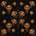 gold, black, metallic gold, amber, golden yellow, neon glow, geometric, tech, steampunk, celestial, ocean, marine, underwater, bioluminescent, jellyfish, sea creatures, aquatic, modern, futuristic, sci-fi, science fiction, elegant, sophisticated, circuit board, digital, neon, glowing, luminous, bohemian, mystical