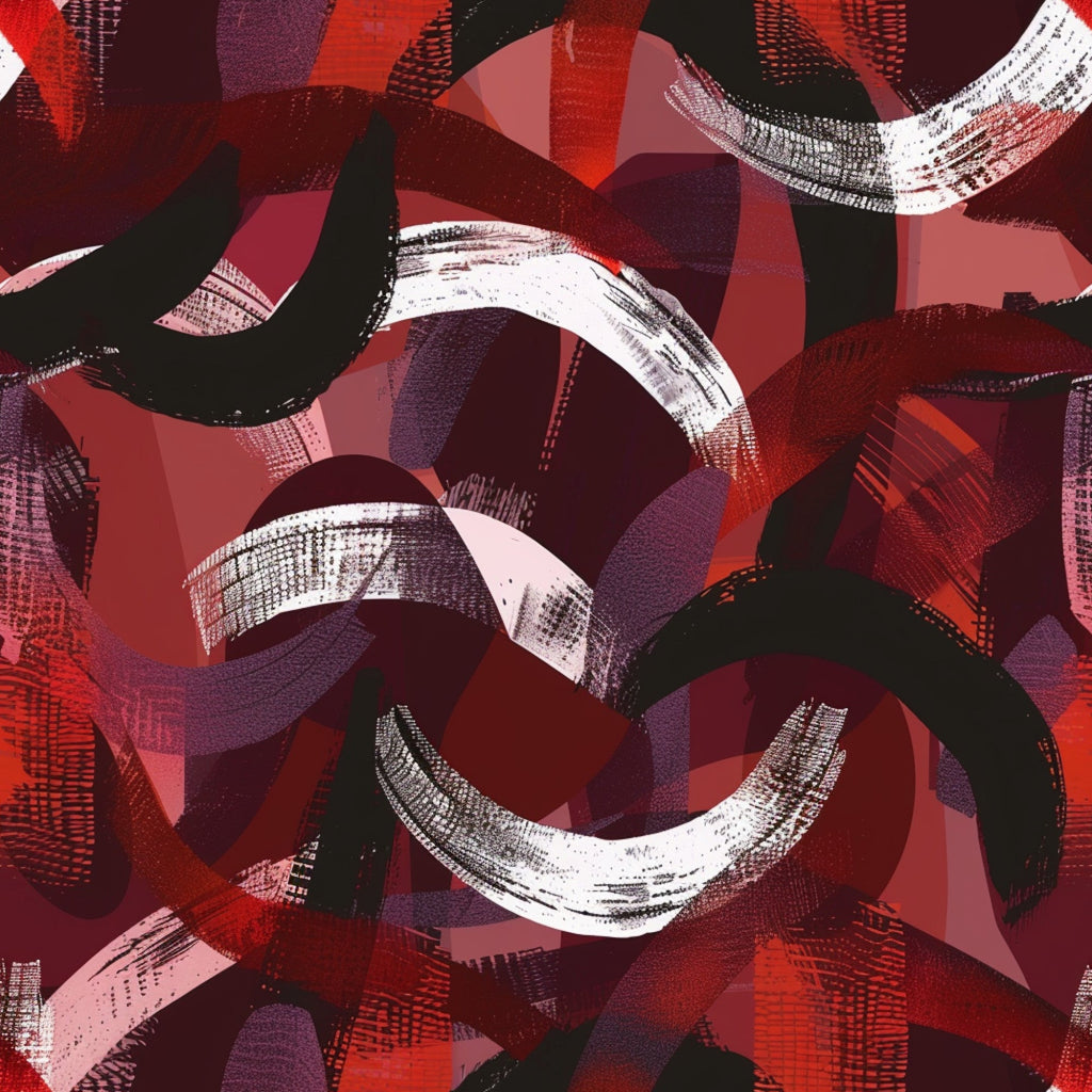 burgundy, deep red, maroon, crimson, white, black, purple, abstract pattern, circular motifs, curved shapes, brushstroke texture, modern art, contemporary design, overlapping elements, dynamic movement, artistic swirls,, fabric panel, geometric abstracts, layered composition
