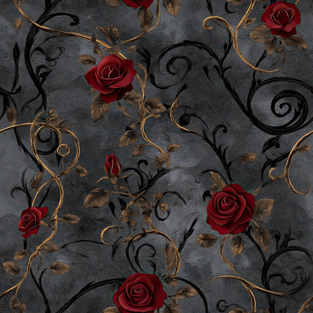 deep red roses, burgundy flowers, charcoal gray, black vines, gold leaf accents, bronze metallic, floral pattern, vintage floral, elegant style, romantic theme, luxurious, ornamental scrolls, nature-inspired, gothic romantic, dark academia, sophisticated design, damask-inspired, classic elegance, decorative vines, rose motif, traditional style, moody aesthetic, jewel tones, textured background, botanical design, romantic home decor, plush blanket, throw blanket