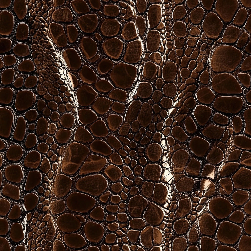 brown, chocolate brown, crocodile skin, alligator texture, reptile pattern, leather appearance, scales, embossed texture, glossy finish, animal print, exotic skin, luxury texture,, fabric panel, western theme, rustic brown, textured surface, reptilian scales, natural pattern, organic shapes