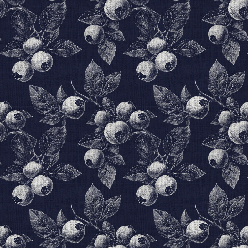 navy blue, cream, white, botanical, floral, berries, blueberries, fruit, vintage, elegant, botanical illustration, nature, engraved, sketch style, detailed leaves, traditional, sophisticated, garden theme, orchard, rustic, monochromatic, dark background, classic, timeless, cottagecore, farmhouse, naturalistic, berries and foliage, detailed botanical print