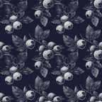 navy blue, cream, white, botanical, floral, berries, blueberries, fruit, vintage, elegant, botanical illustration, nature, engraved, sketch style, detailed leaves, traditional, sophisticated, garden theme, orchard, rustic, monochromatic, dark background, classic, timeless, cottagecore, farmhouse, naturalistic, berries and foliage, detailed botanical print