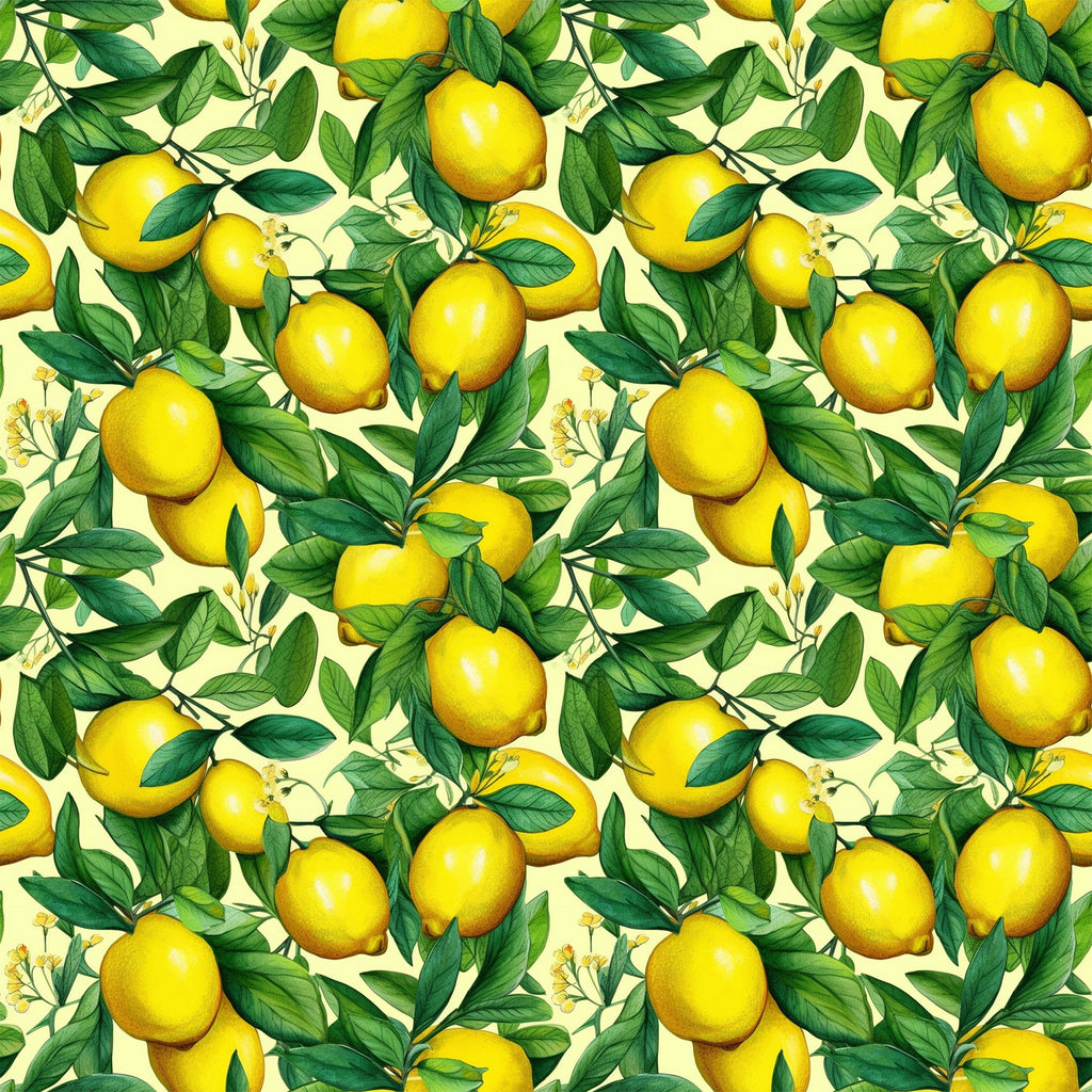 yellow lemons, green leaves, citrus fruits, botanical pattern, repeating design, bright yellow, forest green, cream background, vintage illustration, realistic style, fruit motif, summer theme, fresh citrus,, fabric panel, cheerful mood, kitchen theme, nature inspired, seamless repeat, vibrant colors