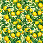 yellow lemons, green leaves, citrus fruits, botanical pattern, repeating design, bright yellow, forest green, cream background, vintage illustration, realistic style, fruit motif, summer theme, fresh citrus,, fabric panel, cheerful mood, kitchen theme, nature inspired, seamless repeat, vibrant colors