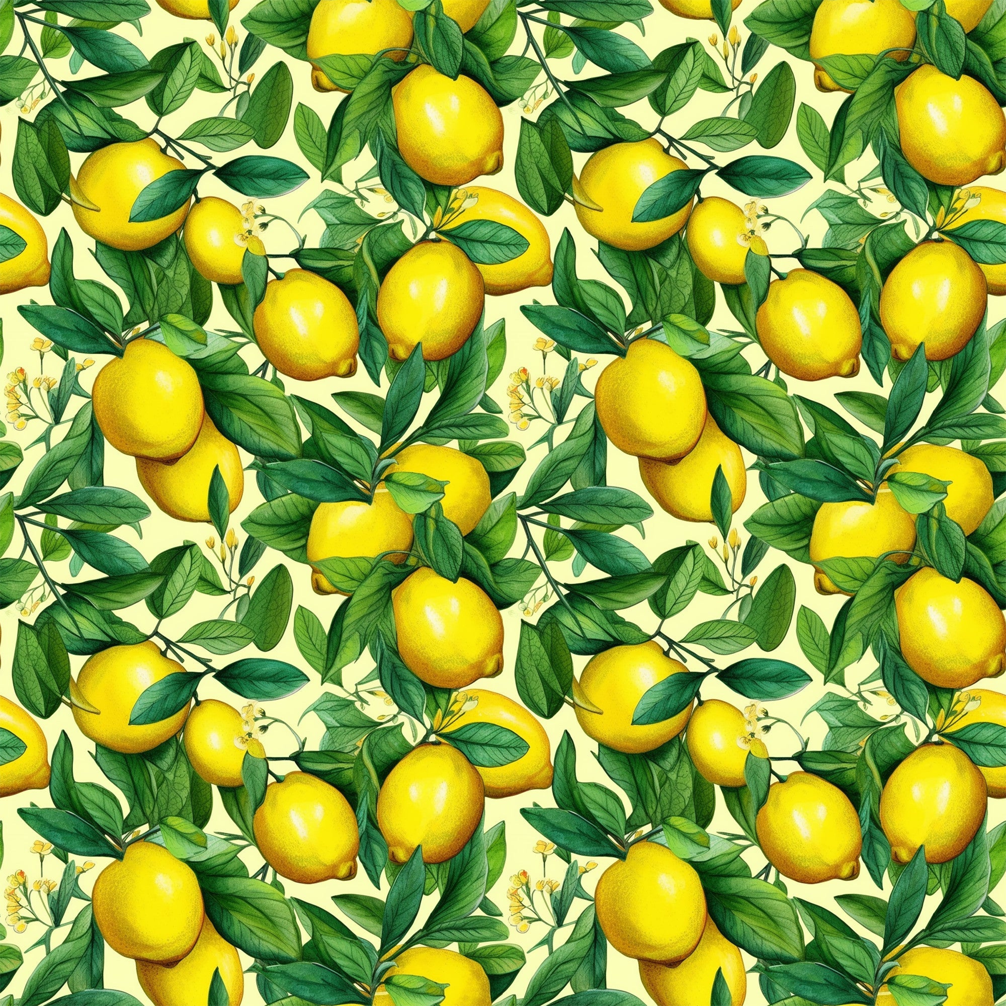 yellow lemons, green leaves, citrus fruits, botanical pattern, repeating design, bright yellow, forest green, cream background, vintage illustration, realistic style, fruit motif, summer theme, fresh citrus,, fabric panel, cheerful mood, kitchen theme, nature inspired, seamless repeat, vibrant colors