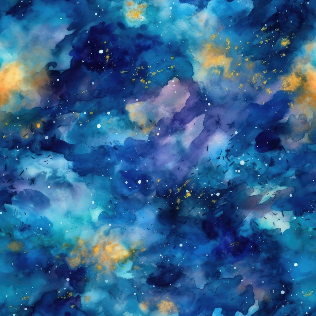deep blue, navy blue, turquoise, purple, golden yellow, white stars, watercolor style, cosmic clouds, nebula pattern, night sky, celestial design, dreamy atmosphere, swirling clouds, starfield, galaxy print,, fabric panel, astronomical theme, mystical mood, space scenery