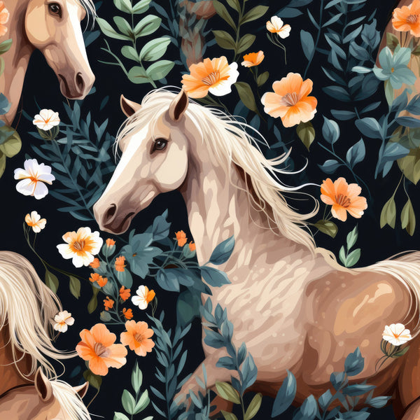 horses, cream, tan, beige, orange, white, dark navy, teal, sage green, floral, botanical, nature, animals, equestrian, whimsical, elegant, vintage, farmhouse, romantic, roses, wildflowers, leaves, foliage, spring, summer, nursery, kids room, playroom, girl's room