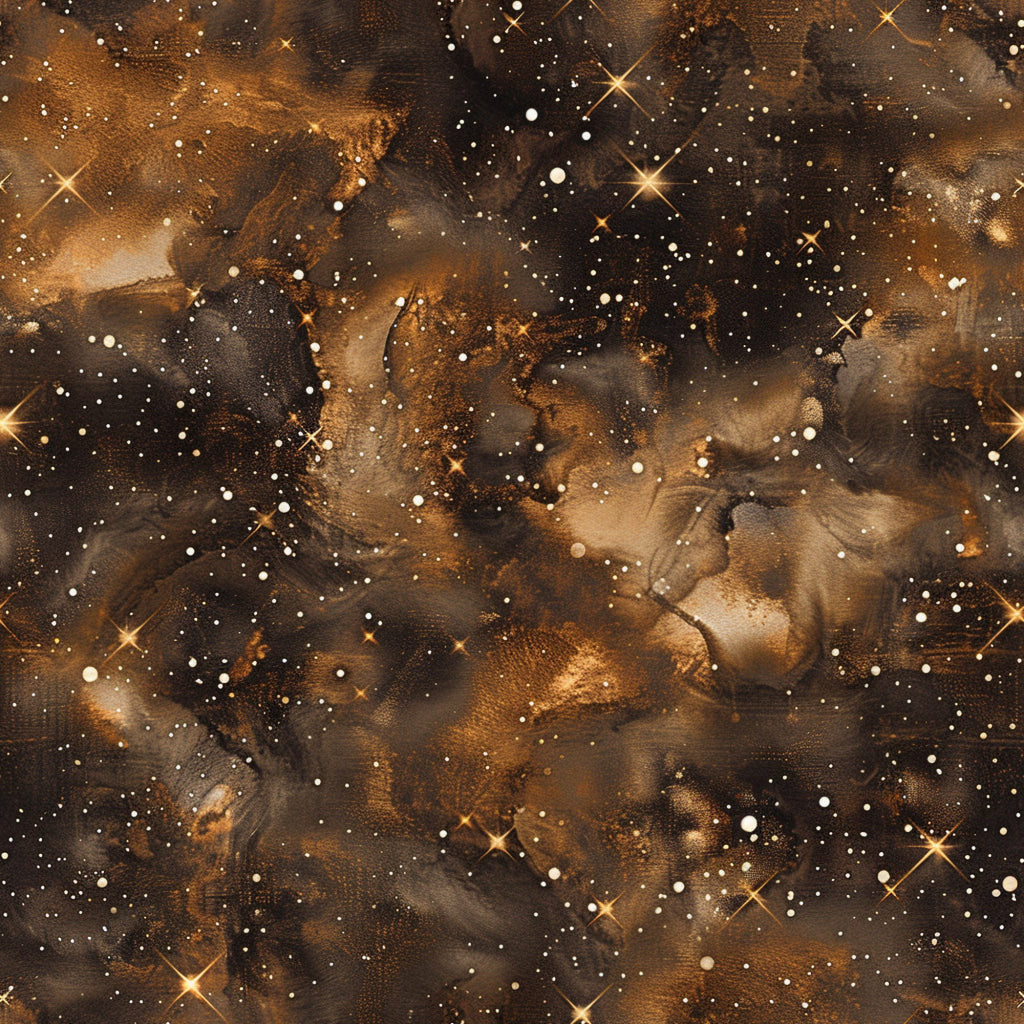 brown, amber, bronze, gold, painted galaxy, cosmic pattern, nebula design, starry sky, celestial motifs, space theme, astronomical art, swirling clouds, star field,, fabric panel, dreamy atmosphere, mystical mood, ethereal design, universe pattern, night sky