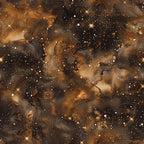 brown, amber, bronze, gold, painted galaxy, cosmic pattern, nebula design, starry sky, celestial motifs, space theme, astronomical art, swirling clouds, star field,, fabric panel, dreamy atmosphere, mystical mood, ethereal design, universe pattern, night sky