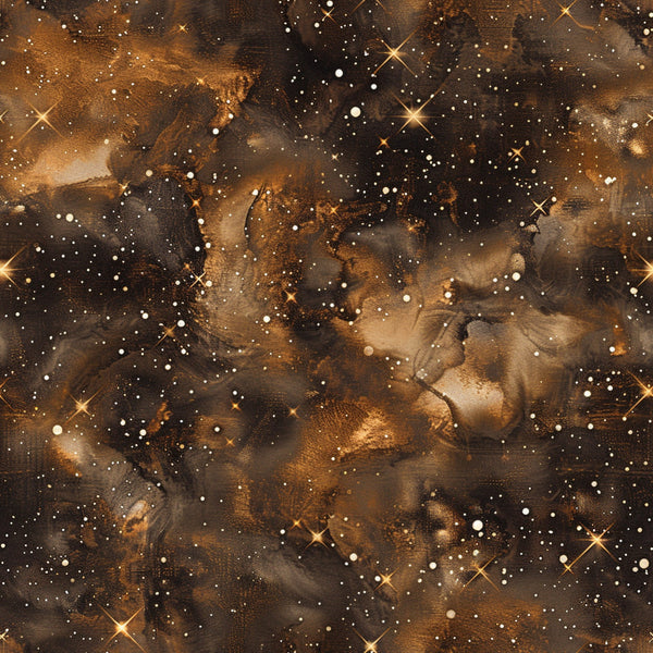 brown, amber, bronze, gold, painted galaxy, cosmic pattern, nebula design, starry sky, celestial motifs, space theme, astronomical art, swirling clouds, star field,, fabric panel, dreamy atmosphere, mystical mood, ethereal design, universe pattern, night sky
