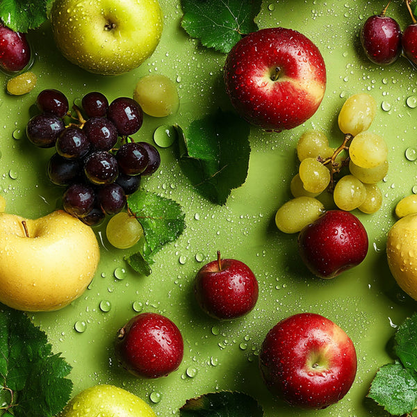 fresh fruits, apples, grapes, cherries, green apple, red apple, yellow apple, dark grapes, green grapes, water droplets, realistic fruits, photographic style, green background,, fabric panel, food pattern, kitchen theme, harvest theme, botanical design, fruit medley, vibrant colors, nature inspired
