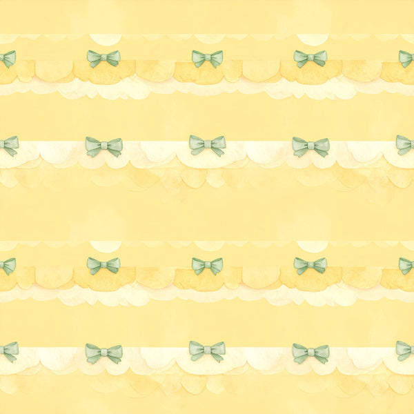 pale yellow, soft yellow, mint green, sage green, pastel yellow, pastel green, scalloped edges, bow ribbons, decorative trim, vintage style, whimsical, elegant, nursery, baby room, kids room, baby shower, sweet, feminine, delicate, soft, pretty, classic, traditional, girls room, shabby chic, romantic, gentle, soothing, calming