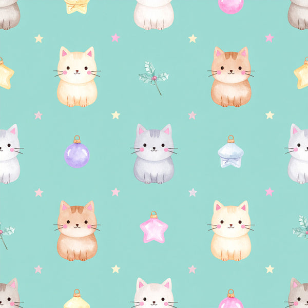 turquoise, mint green, soft pink, cream, pale yellow, cute cats, kawaii, whimsical, playful, celestial, stars, ornaments, festive, nursery, kids room, baby, playroom, gender neutral, magical, dreamy, sweet, adorable, decorative balls, holiday, winter, soft pastels, charming, child-friendly
