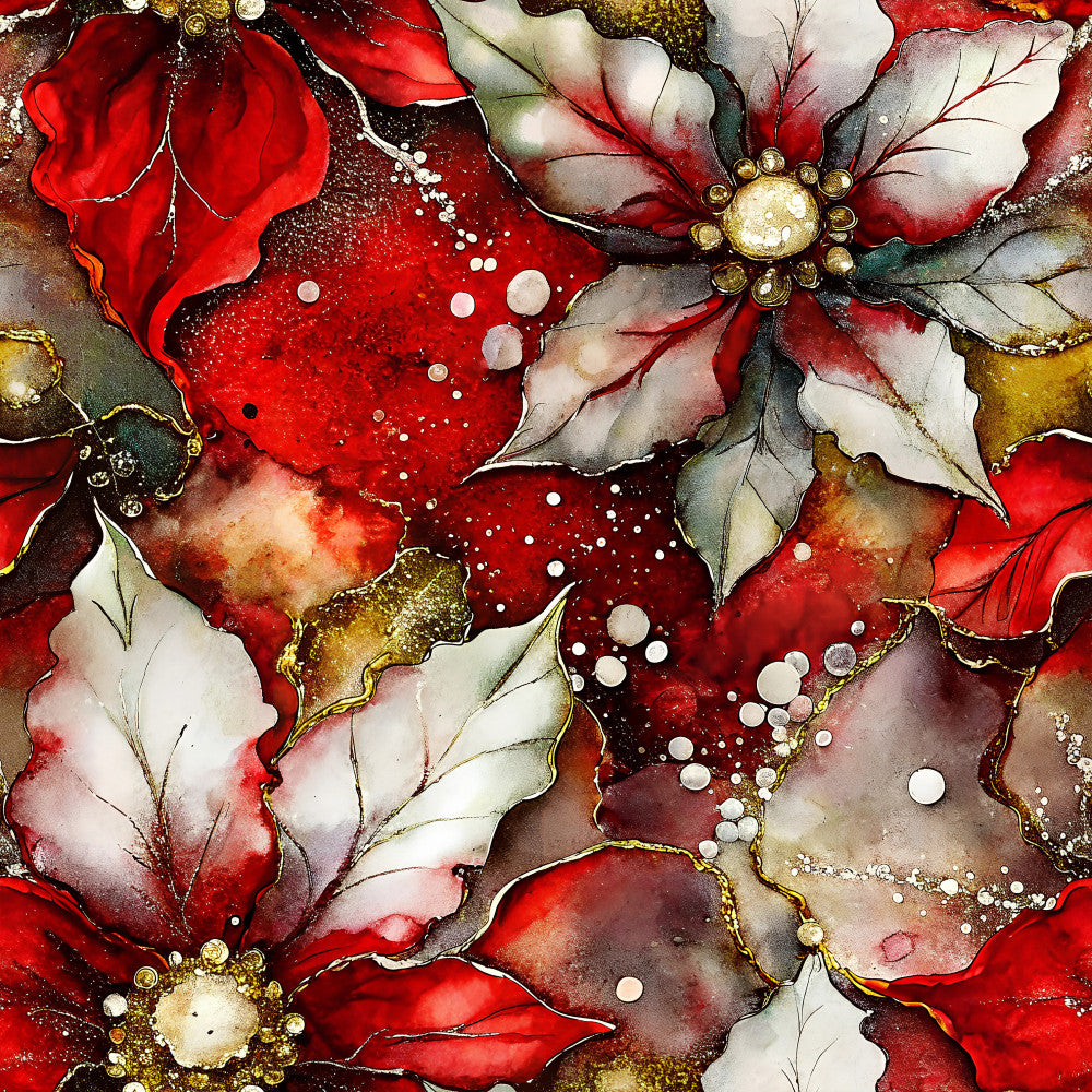 deep red, crimson, burgundy, cream white, ivory, gold, metallic gold, floral, poinsettia, roses, holiday, christmas, elegant, luxurious, sophisticated, festive, nature, botanical, sparkle, glitter, metallic accents, traditional, formal, special occasion, winter, celebration, decorative, ornate, dimensional petals