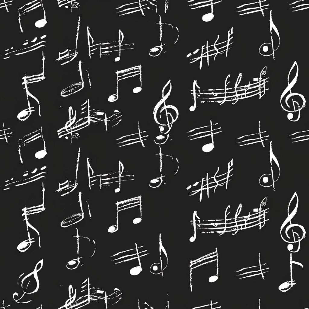 black background, white musical notes, treble clef, staff lines, sheet music, handwritten style, sketchy design, musical symbols, monochrome pattern,, fabric panel, artistic notation, music themed, chalk-like appearance, scattered notes, musical composition, repeating pattern, contrasting colors, cotton fabric