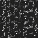 black background, white musical notes, treble clef, staff lines, sheet music, handwritten style, sketchy design, musical symbols, monochrome pattern,, fabric panel, artistic notation, music themed, chalk-like appearance, scattered notes, musical composition, repeating pattern, contrasting colors, cotton fabric