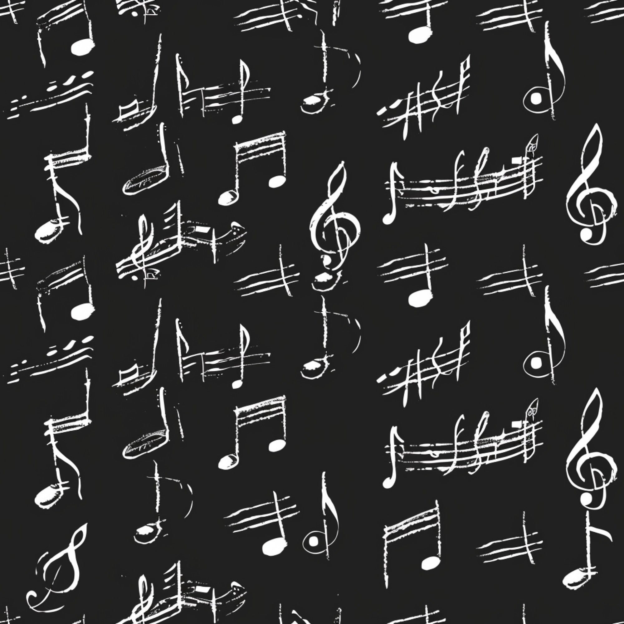 black background, white musical notes, treble clef, staff lines, sheet music, handwritten style, sketchy design, musical symbols, monochrome pattern,, fabric panel, artistic notation, music themed, chalk-like appearance, scattered notes, musical composition, repeating pattern, contrasting colors, cotton fabric