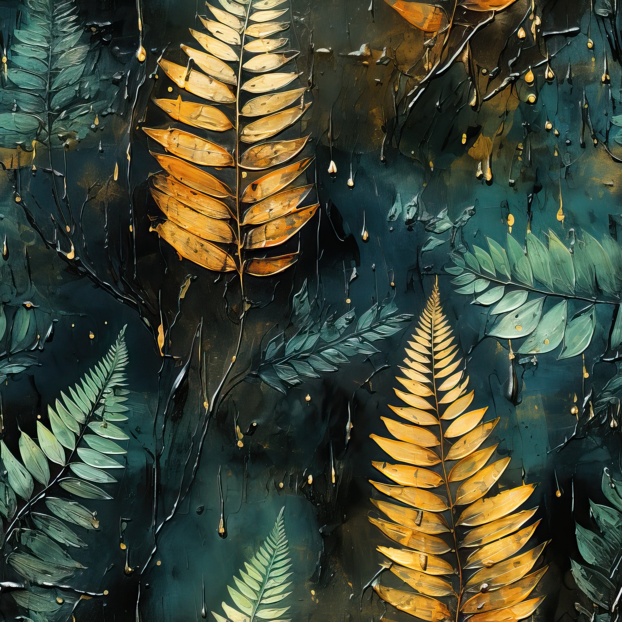tropical leaves, autumn colors, golden yellow, teal blue, forest green, fern fronds, botanical pattern, raindrops, wet foliage,, fabric panel, nature inspired, moody atmosphere, seasonal transition, textured leaves, organic shapes, fall foliage, tropical rainforest, leaf silhouettes, earthy tones