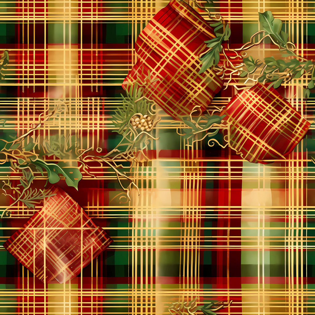 red, green, gold, christmas, plaid, tartan, checkered, gift boxes, presents, ribbons, bows, holly leaves, pineapple motifs,, fabric panel, holiday themed, festive, geometric patterns, layered design, warm colors