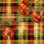 red, green, gold, christmas, plaid, tartan, checkered, gift boxes, presents, ribbons, bows, holly leaves, pineapple motifs,, fabric panel, holiday themed, festive, geometric patterns, layered design, warm colors