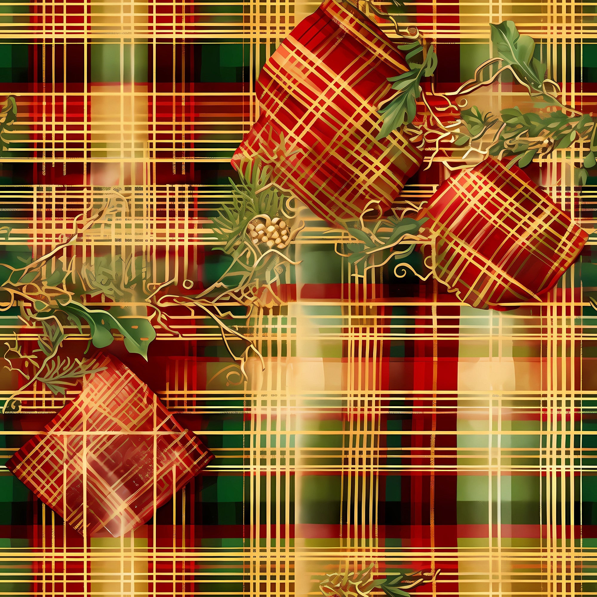 red, green, gold, christmas, plaid, tartan, checkered, gift boxes, presents, ribbons, bows, holly leaves, pineapple motifs,, fabric panel, holiday themed, festive, geometric patterns, layered design, warm colors