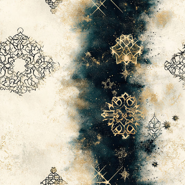 cream, teal, navy blue, gold, metallic gold, snowflake, geometric, abstract, celestial, winter, holiday, christmas, elegant, modern, luxe, sparkle, glitter, star, ornamental, mandala, symmetrical, festive, magical, sophisticated, dark teal, ivory, powder blue, decorative, formal, glamorous