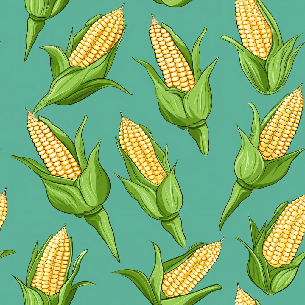 sweet corn, corn cobs, yellow kernels, green husks, teal background, turquoise, botanical pattern, vegetable motif, farming theme, harvest design, agricultural print,, fabric panel, summer produce, food illustration, scattered pattern, realistic style, kitchen theme, garden vegetables, corn stalks