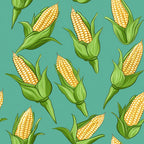 sweet corn, corn cobs, yellow kernels, green husks, teal background, turquoise, botanical pattern, vegetable motif, farming theme, harvest design, agricultural print,, fabric panel, summer produce, food illustration, scattered pattern, realistic style, kitchen theme, garden vegetables, corn stalks