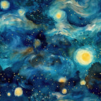 starry night, swirling clouds, deep blue, navy blue, golden yellow, bright stars, celestial pattern, van gogh style, post-impressionist, dreamy atmosphere, night sky, spiral motifs,, fabric panel, moon and stars, cosmic design, flowing brushstrokes, luminous orbs, midnight blue, artistic print