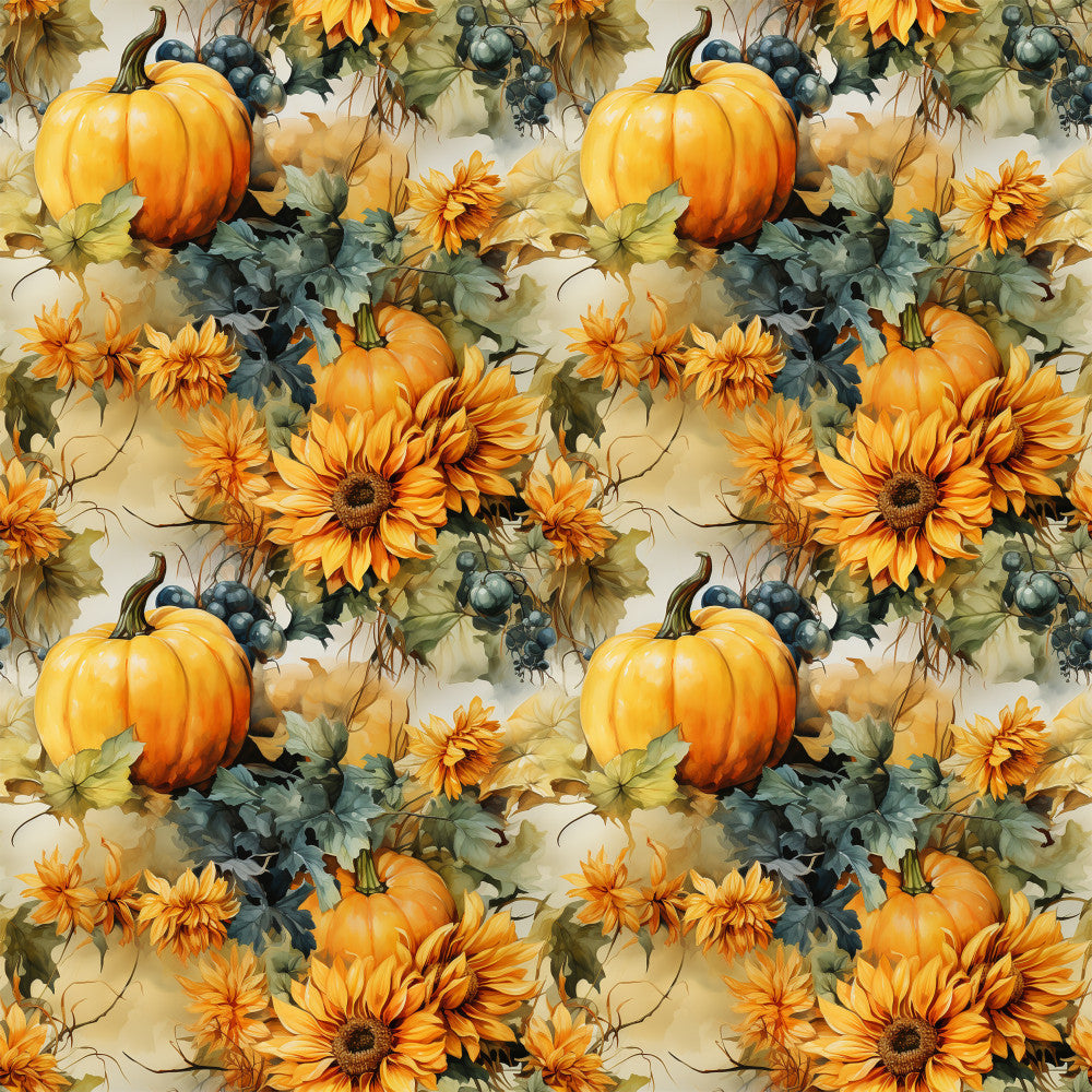 golden yellow, burnt orange, sage green, dusty blue, cream, floral, sunflower, pumpkin, autumn, fall, harvest, thanksgiving, nature, botanical, rustic, farmhouse, traditional, vintage, sunflowers, pumpkins, grapes, leaves, seasonal, home decor, cozy, warm tones, garden theme, country style
